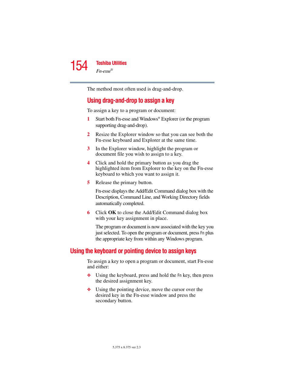 Using the keyboard or pointing device to, Assign keys, Using drag-and-drop to assign a key | Toshiba A85 User Manual | Page 154 / 264