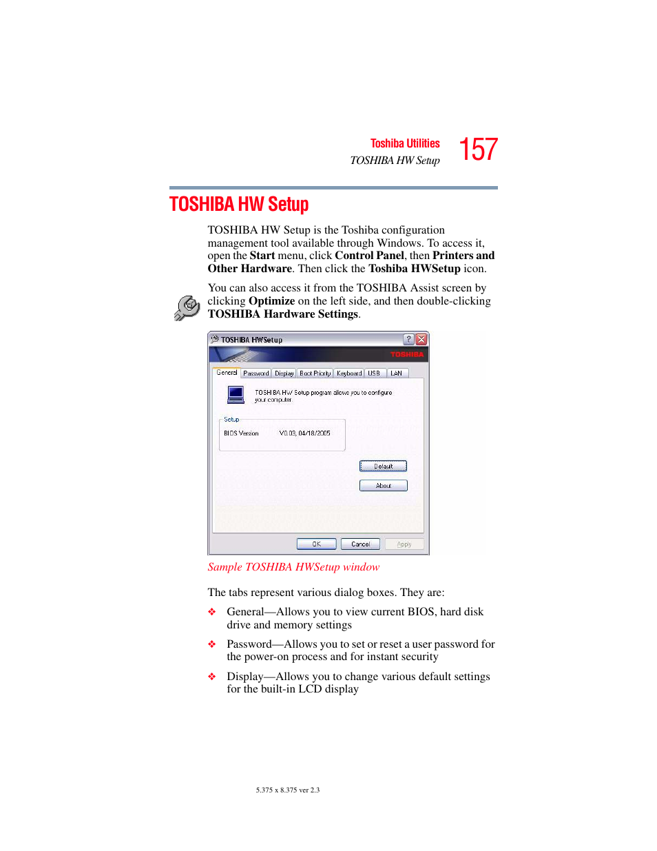 Toshiba hw setup | Toshiba A85 User Manual | Page 157 / 264