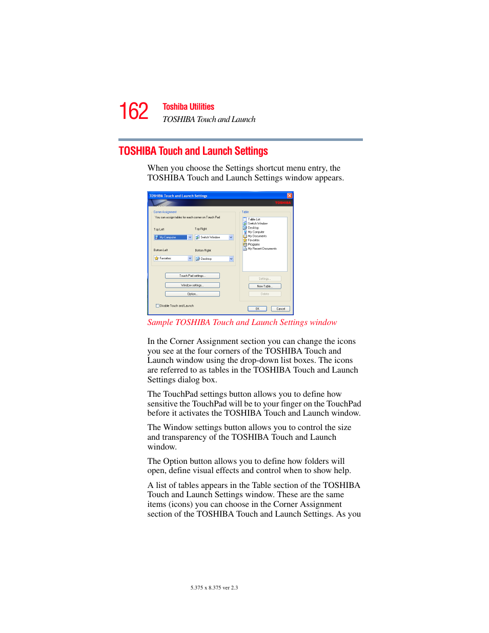 Toshiba touch and launch settings | Toshiba A85 User Manual | Page 162 / 264
