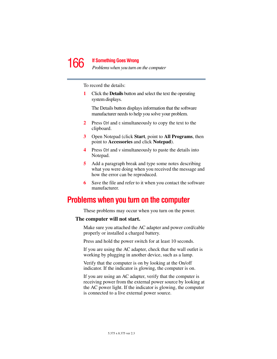 Problems when you turn on the computer | Toshiba A85 User Manual | Page 166 / 264