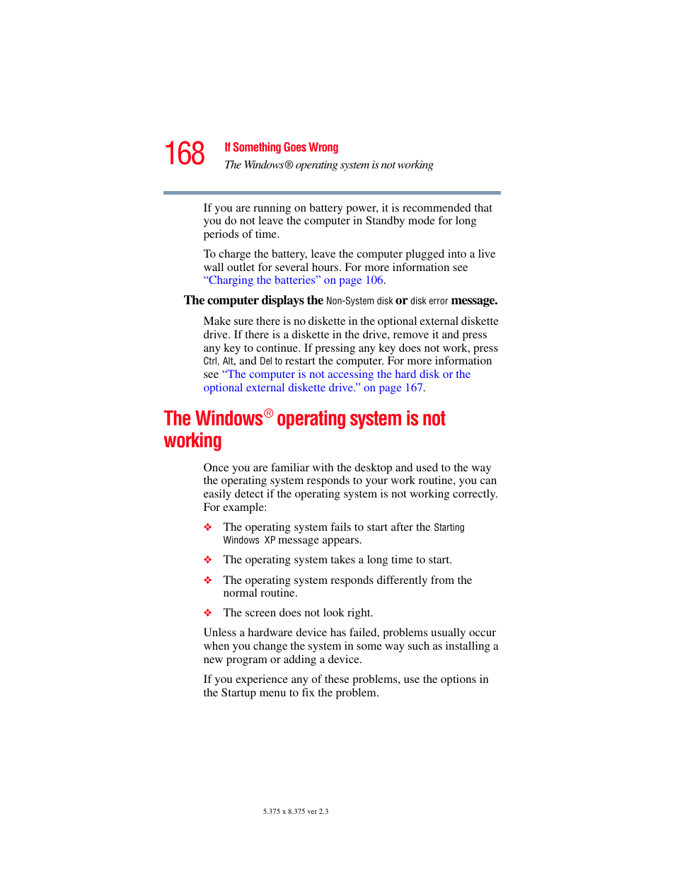The windows ® operating system is not working, The windows, Operating system is not working | Toshiba A85 User Manual | Page 168 / 264
