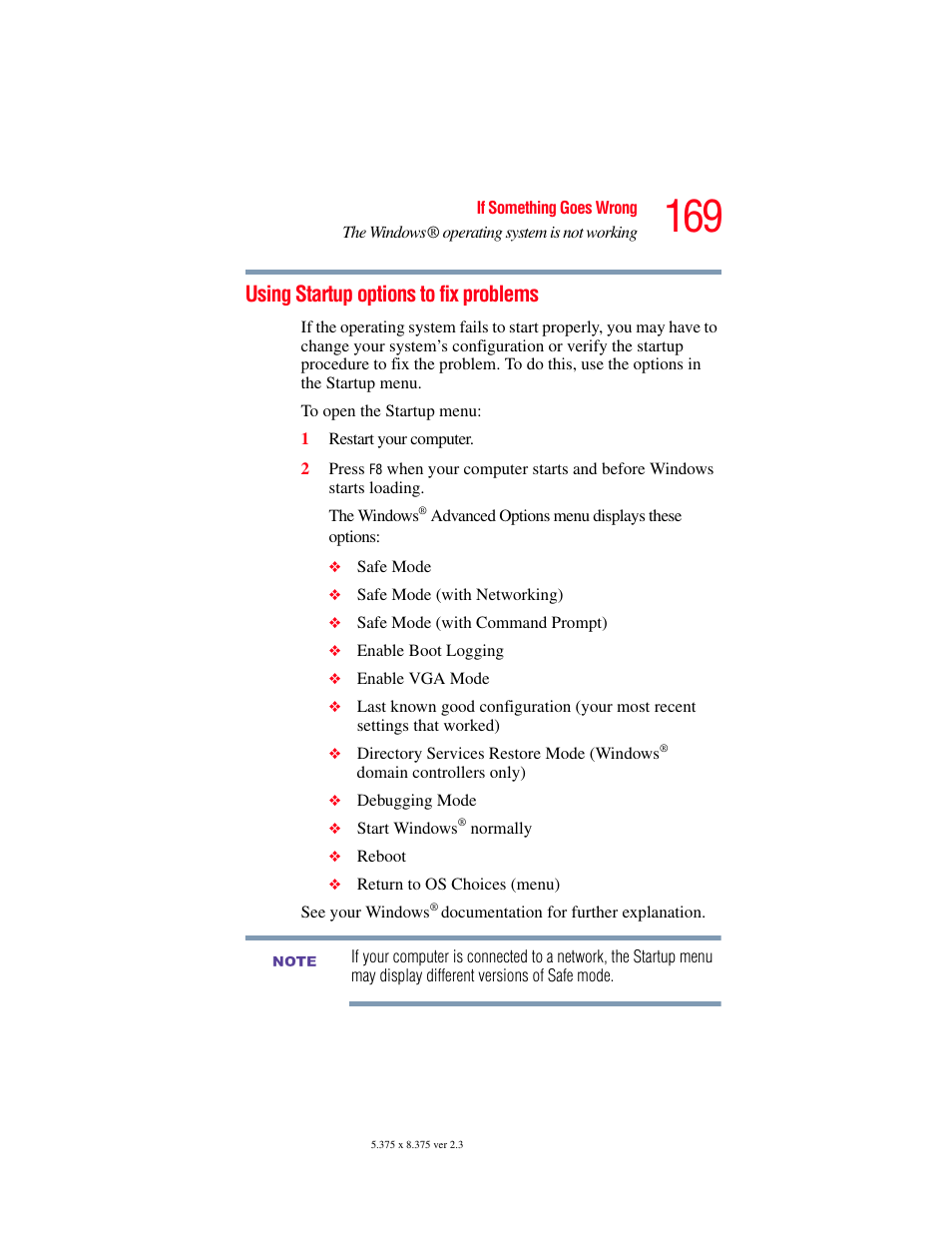 Using startup options to fix problems | Toshiba A85 User Manual | Page 169 / 264