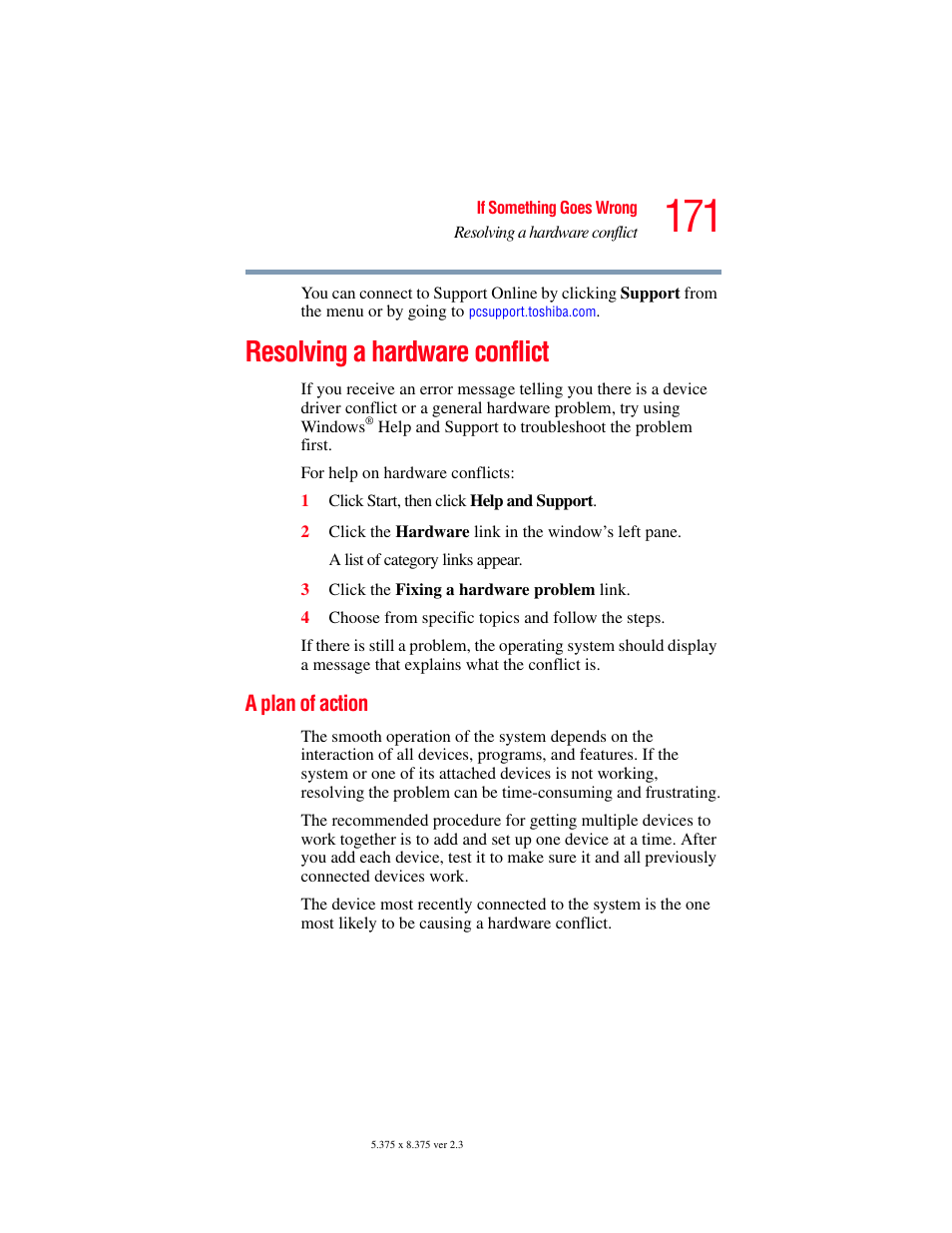 Resolving a hardware conflict, A plan of action, Resolving a | Toshiba A85 User Manual | Page 171 / 264