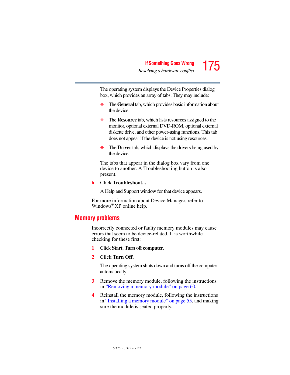 Memory problems | Toshiba A85 User Manual | Page 175 / 264