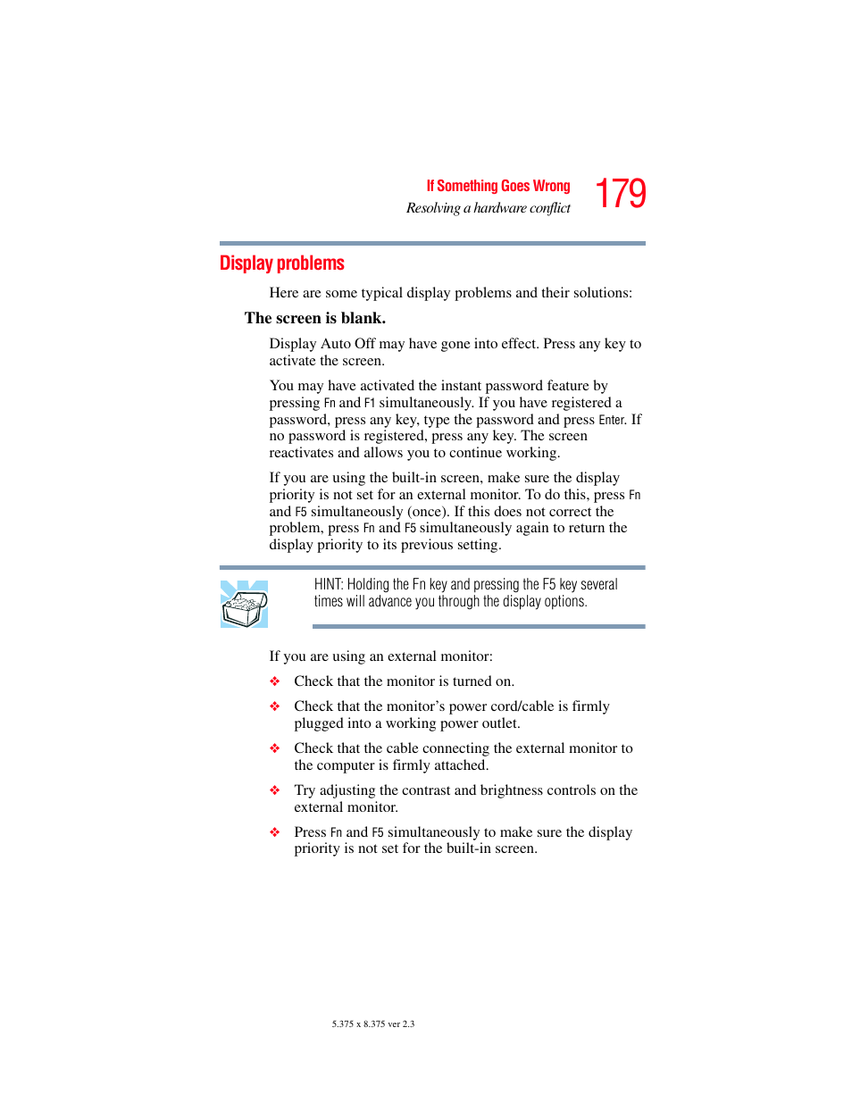 Display problems | Toshiba A85 User Manual | Page 179 / 264