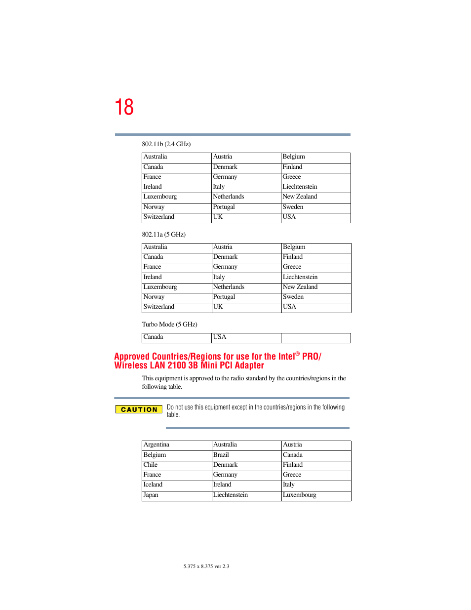 Approved countries/regions for use for the intel | Toshiba A85 User Manual | Page 18 / 264