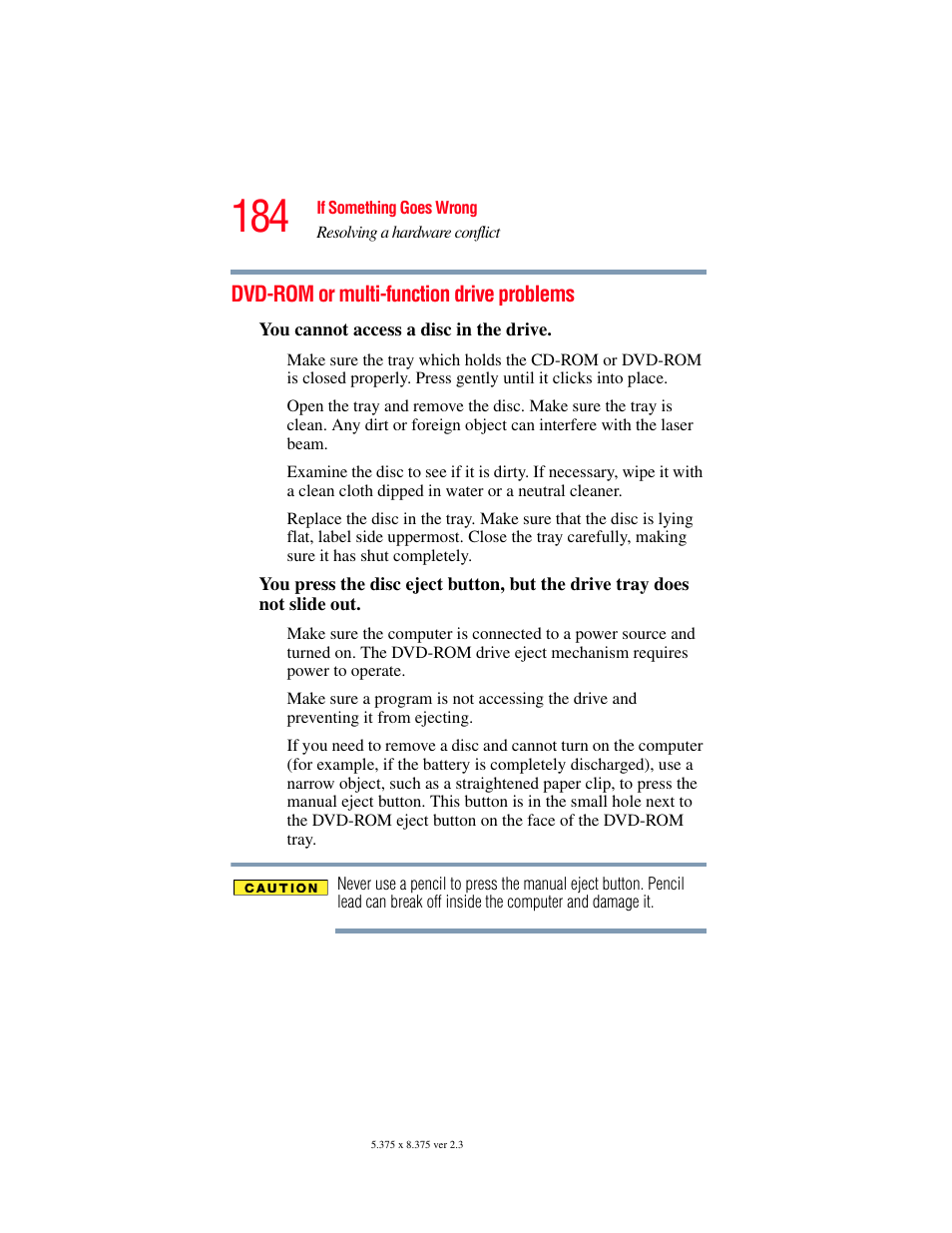 Dvd-rom or multi-function drive problems | Toshiba A85 User Manual | Page 184 / 264