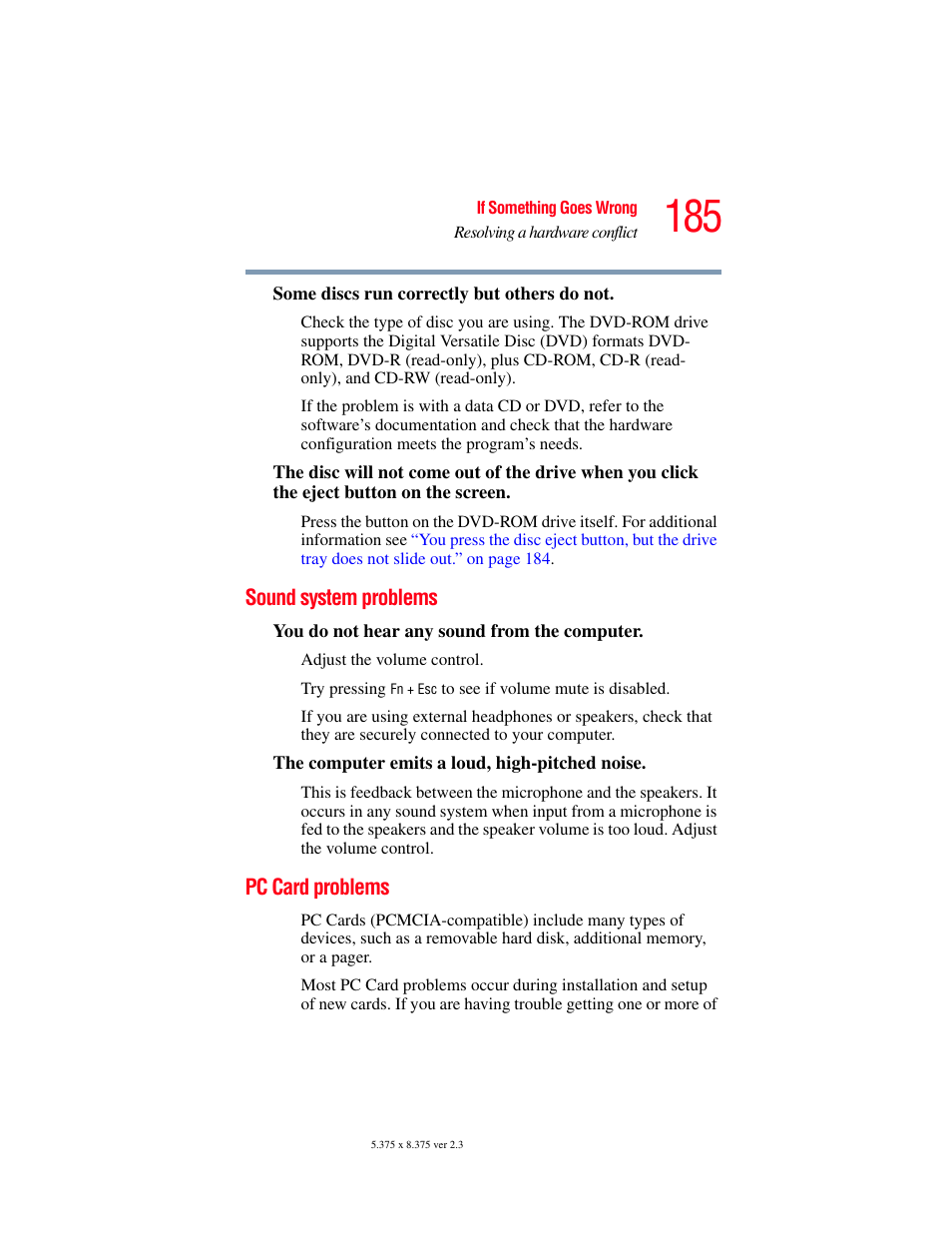 Sound system problems, Pc card problems, Sound system problems pc card problems | Toshiba A85 User Manual | Page 185 / 264