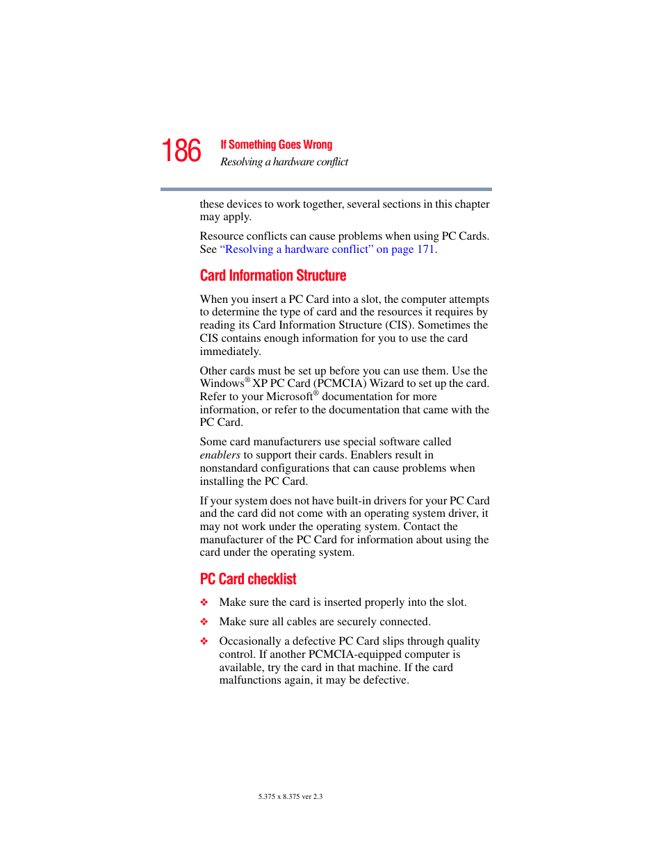 Card information structure, Pc card checklist | Toshiba A85 User Manual | Page 186 / 264