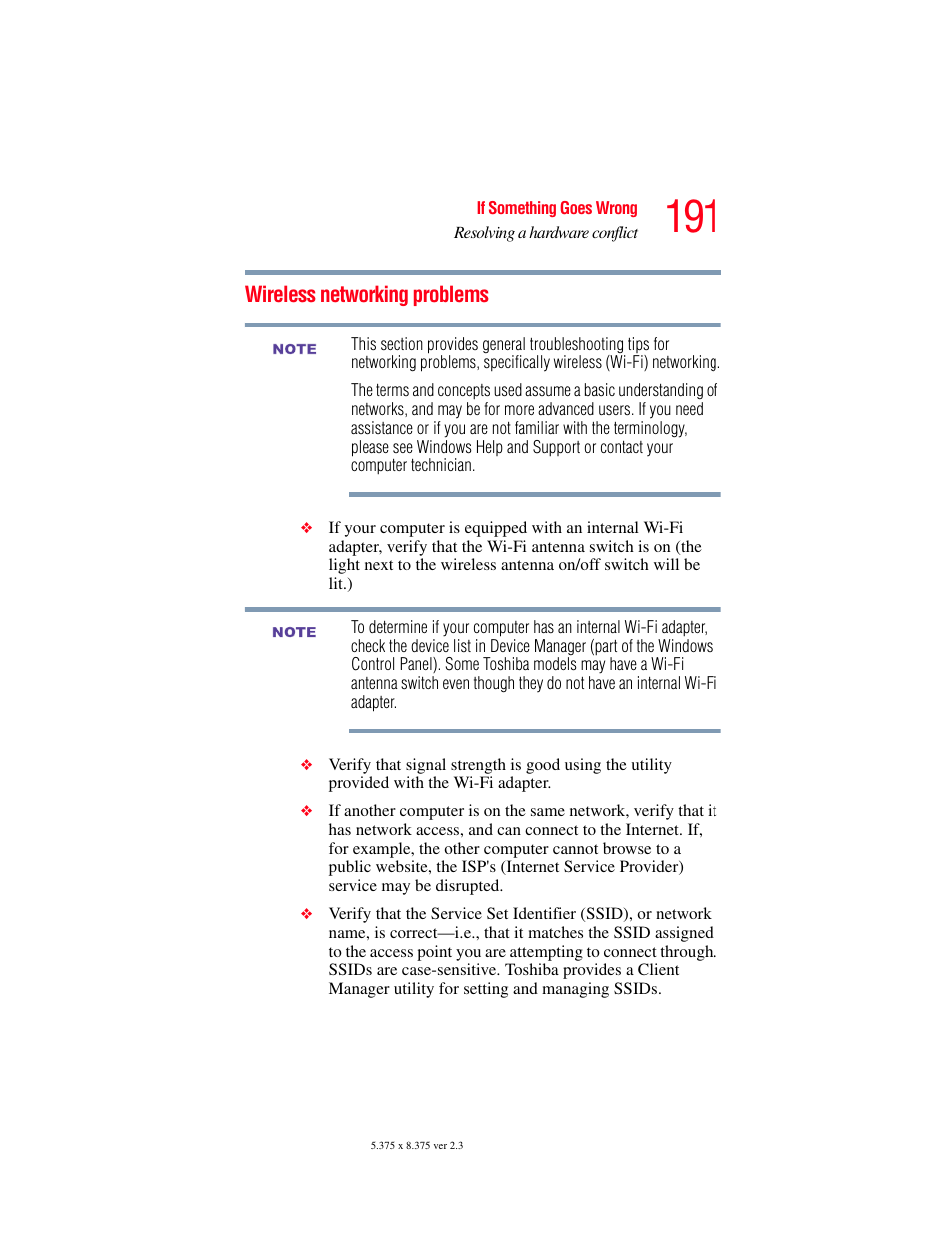 Wireless networking problems | Toshiba A85 User Manual | Page 191 / 264