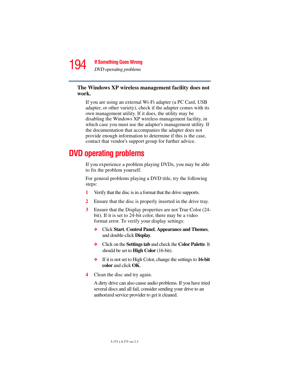 Dvd operating problems | Toshiba A85 User Manual | Page 194 / 264