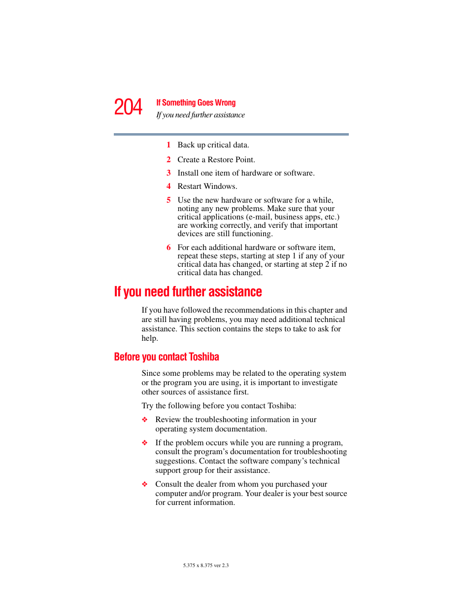 If you need further assistance, Before you contact toshiba | Toshiba A85 User Manual | Page 204 / 264
