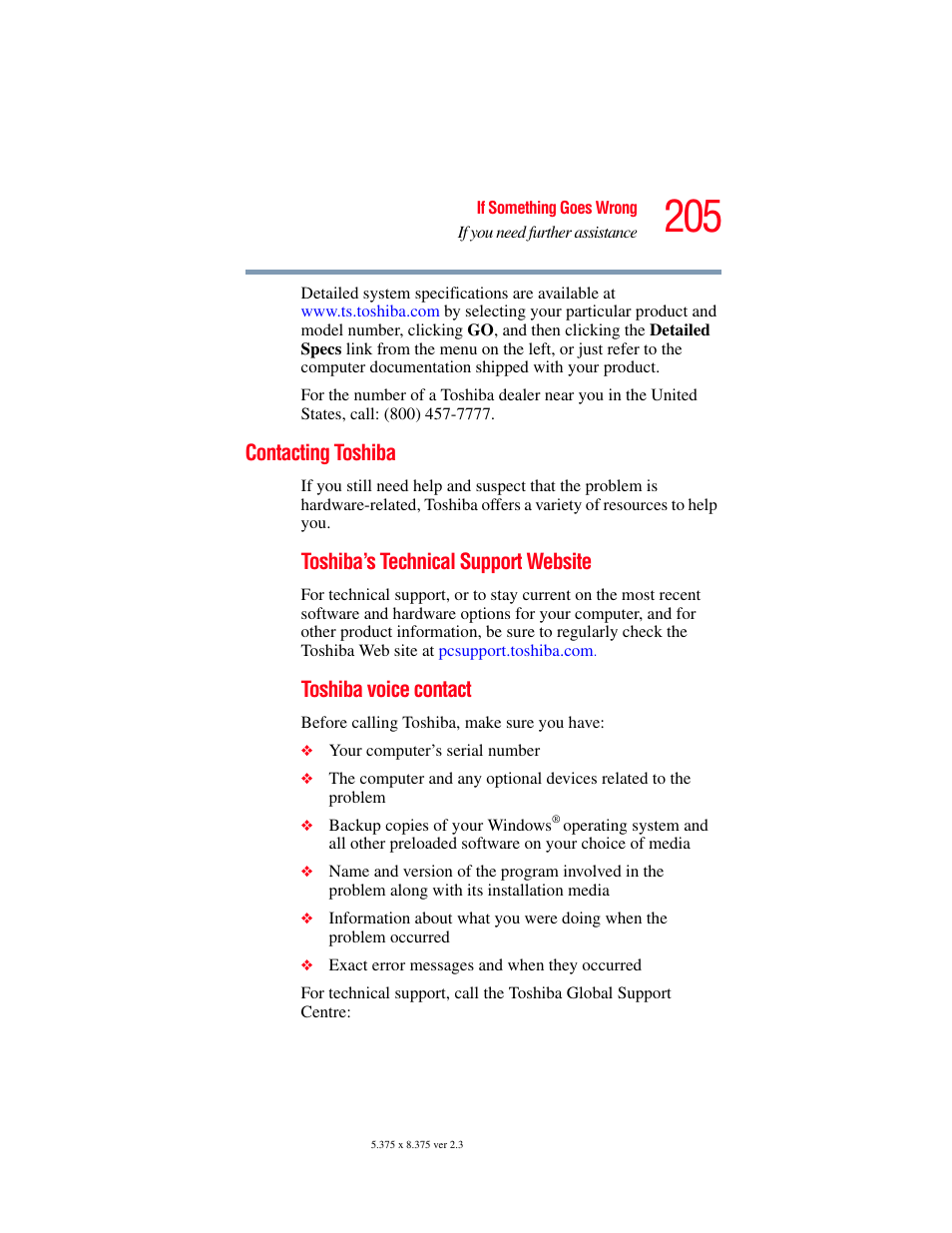 Contacting toshiba, Toshiba’s technical support website, Toshiba voice contact | Toshiba A85 User Manual | Page 205 / 264