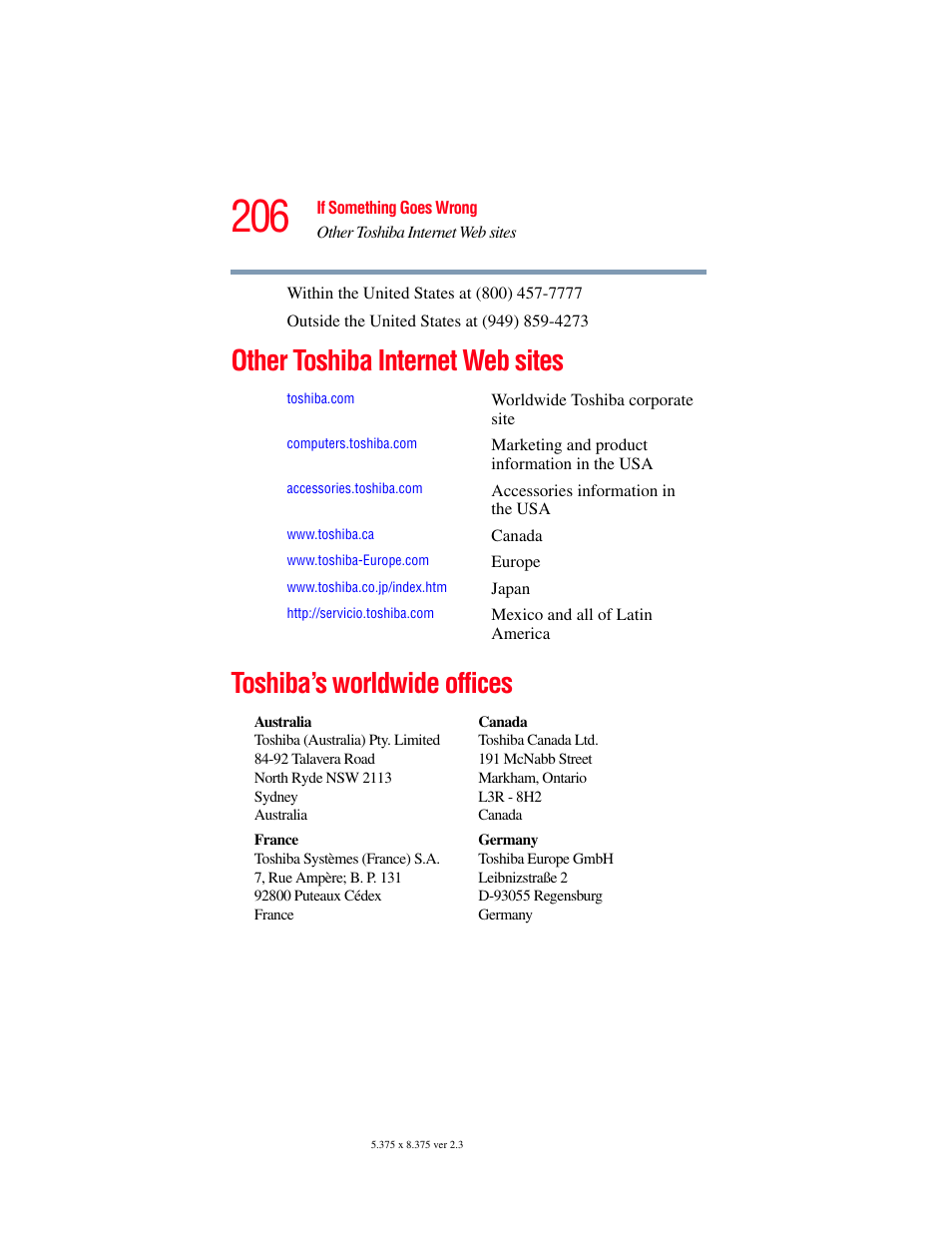 Other toshiba internet web sites, Toshiba’s worldwide offices | Toshiba A85 User Manual | Page 206 / 264