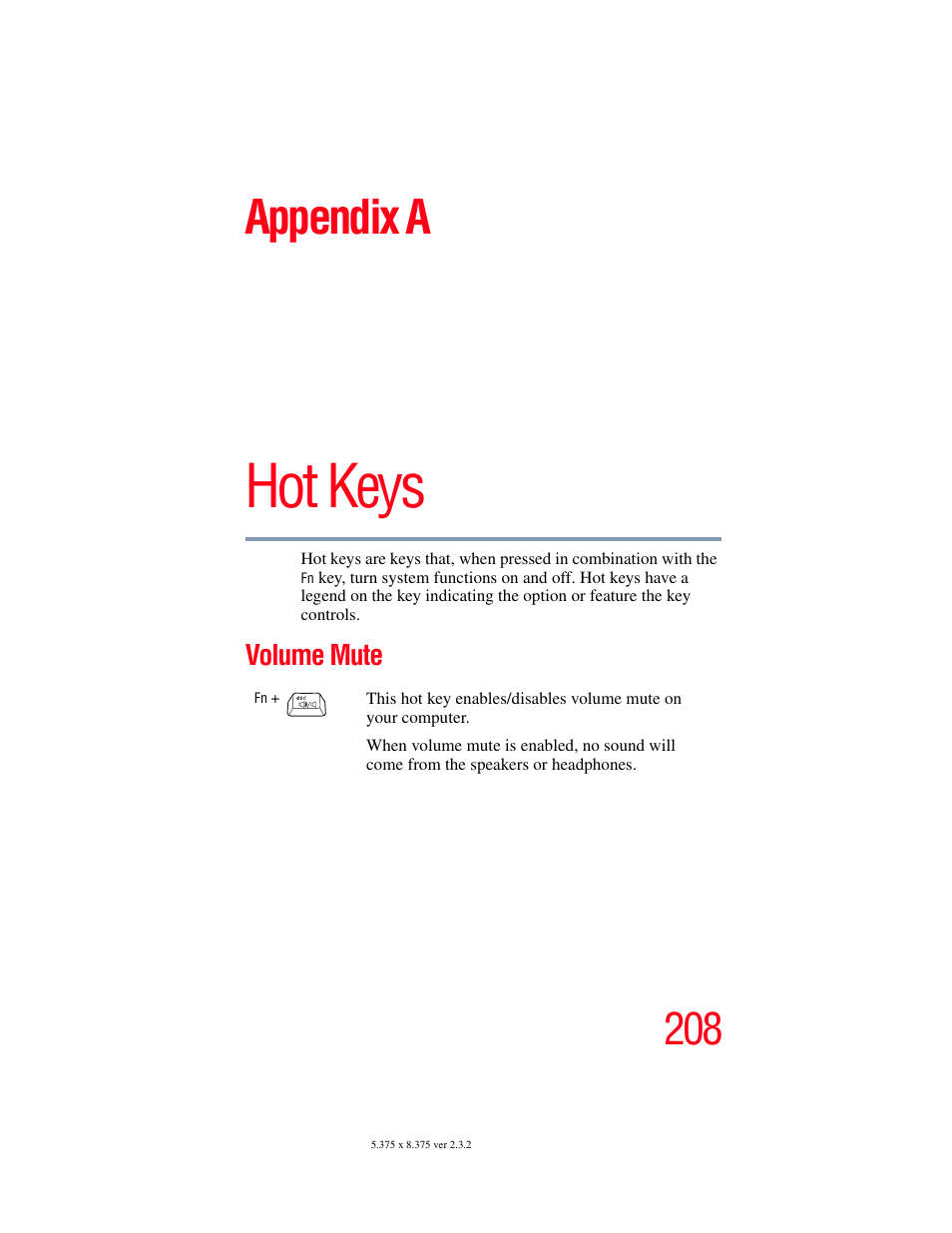 Appendix a: hot keys, Volume mute, Hot keys | Appendix a | Toshiba A85 User Manual | Page 208 / 264