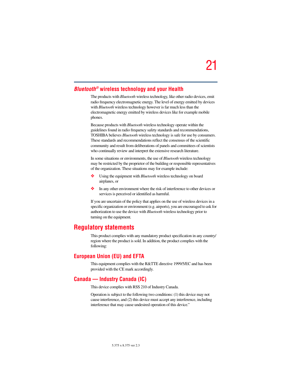 Regulatory statements | Toshiba A85 User Manual | Page 21 / 264
