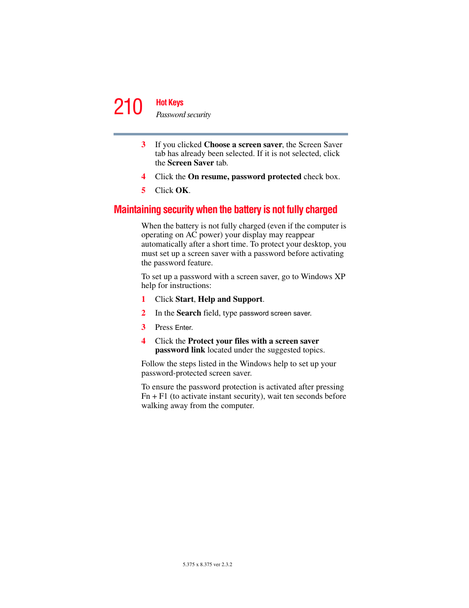 Maintaining security when the battery is, Not fully charged | Toshiba A85 User Manual | Page 210 / 264
