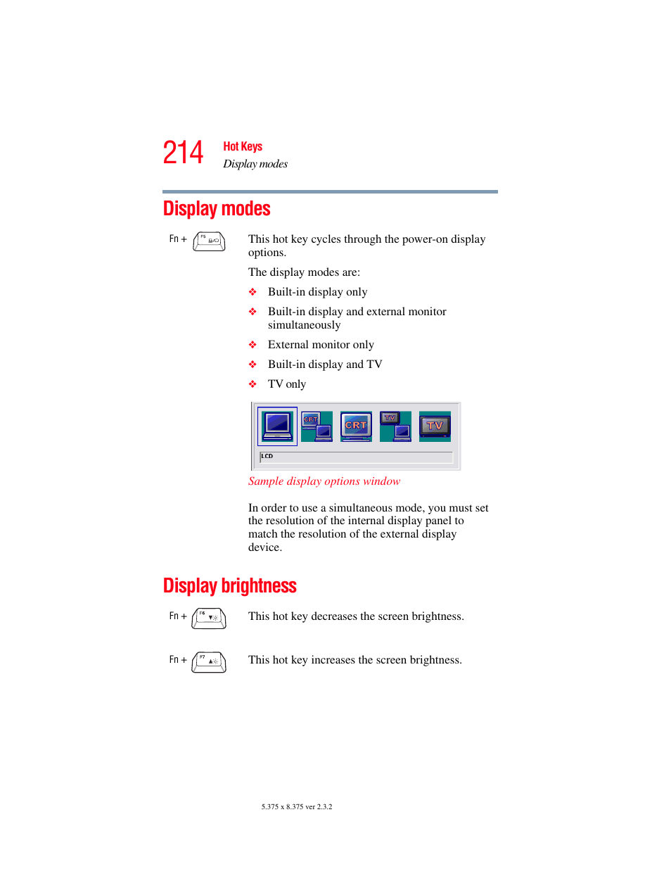 Display modes, Display brightness, Display modes display brightness | Toshiba A85 User Manual | Page 214 / 264