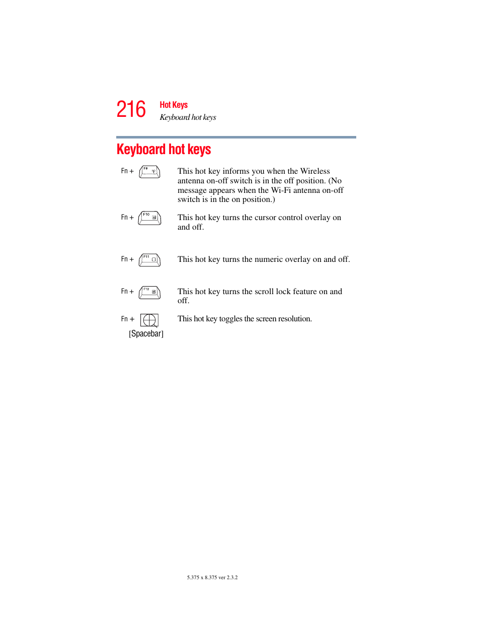 Keyboard hot keys | Toshiba A85 User Manual | Page 216 / 264