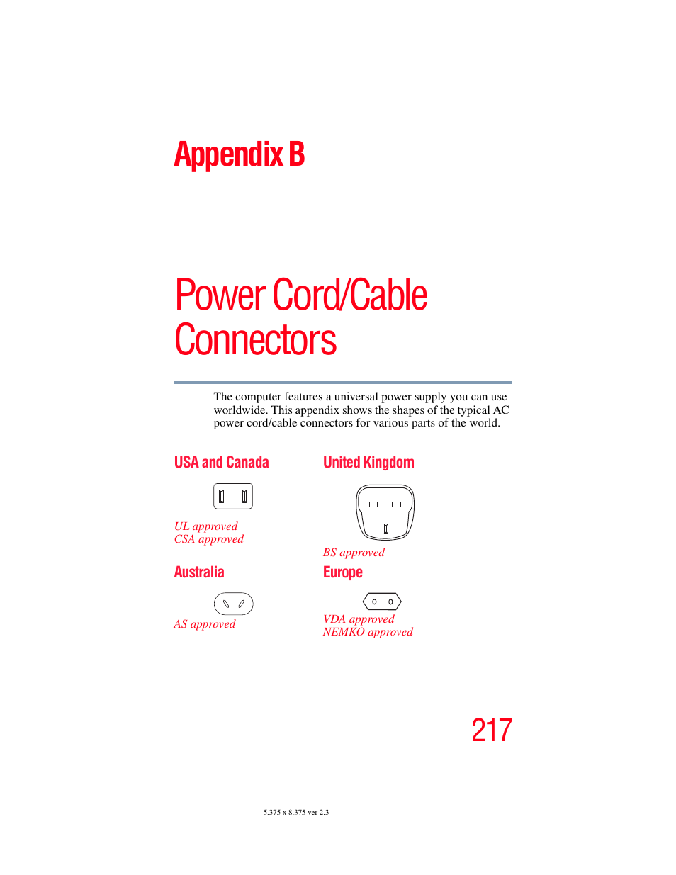 Appendix b: power cord/cable connectors, Power cord/cable connectors, Appendix b | Toshiba A85 User Manual | Page 217 / 264