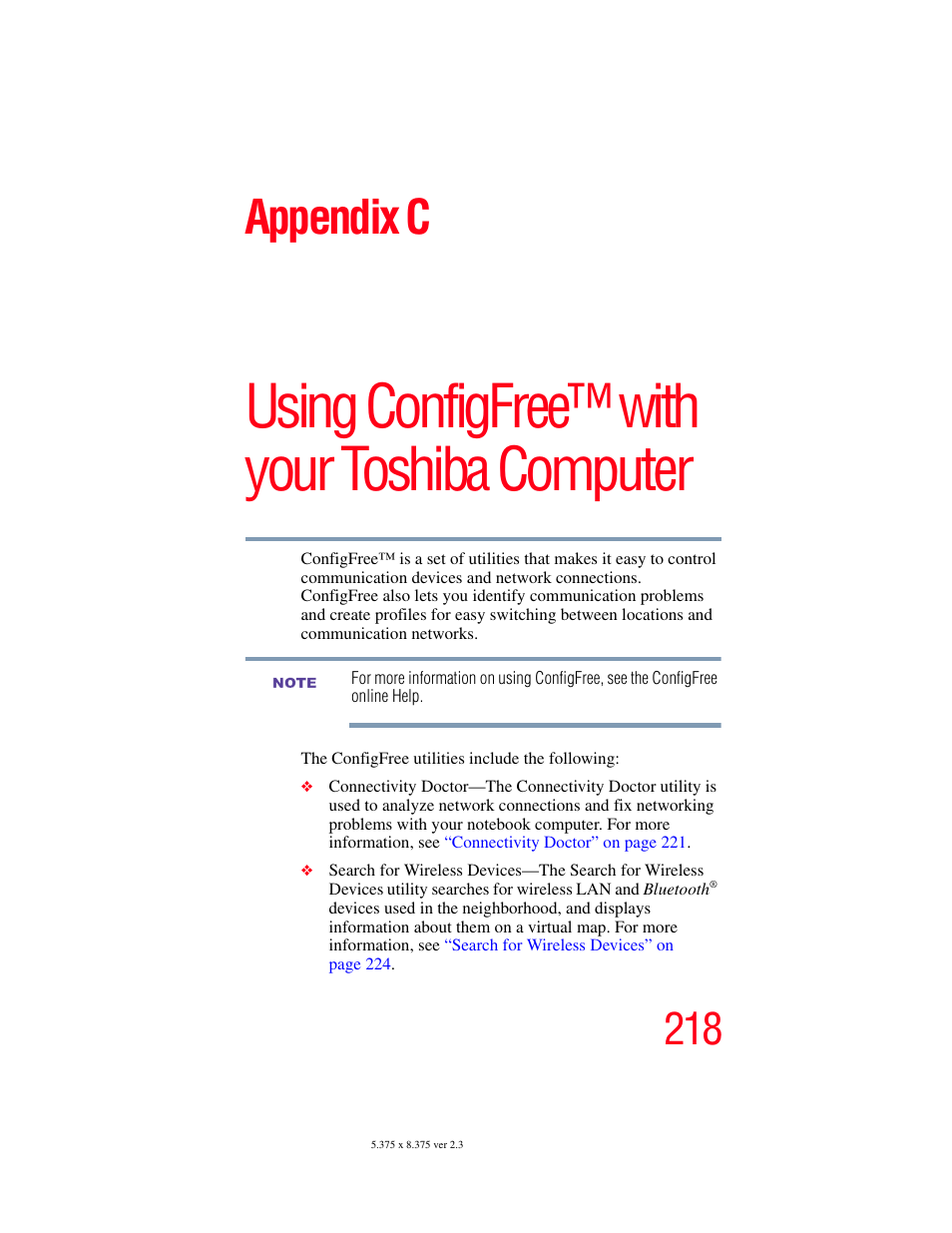 Appendix c: using configfree™ with your, Toshiba computer, Using configfree™ with your toshiba computer | Appendix c | Toshiba A85 User Manual | Page 218 / 264