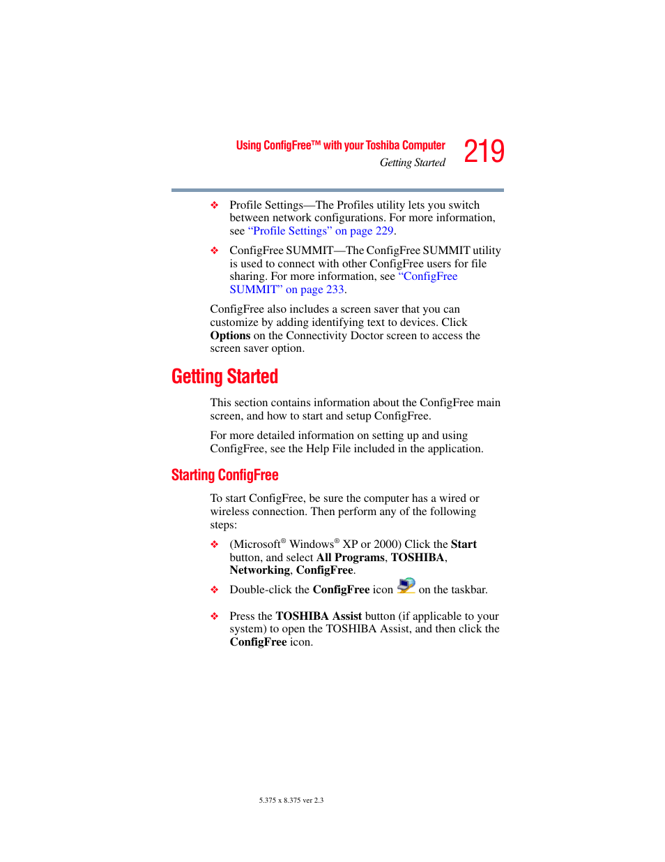 Getting started, Starting configfree | Toshiba A85 User Manual | Page 219 / 264
