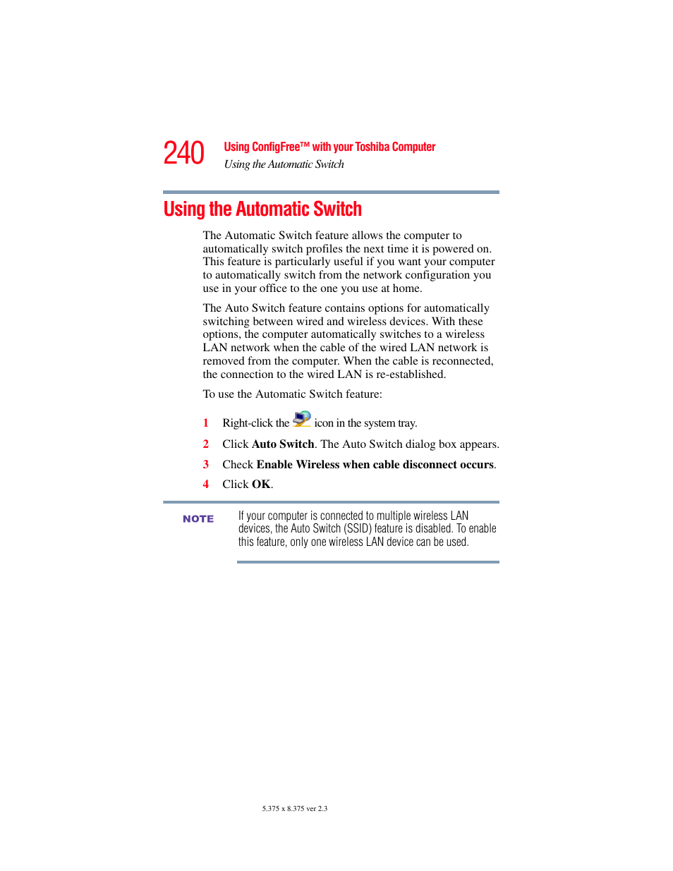 Using the automatic switch | Toshiba A85 User Manual | Page 240 / 264