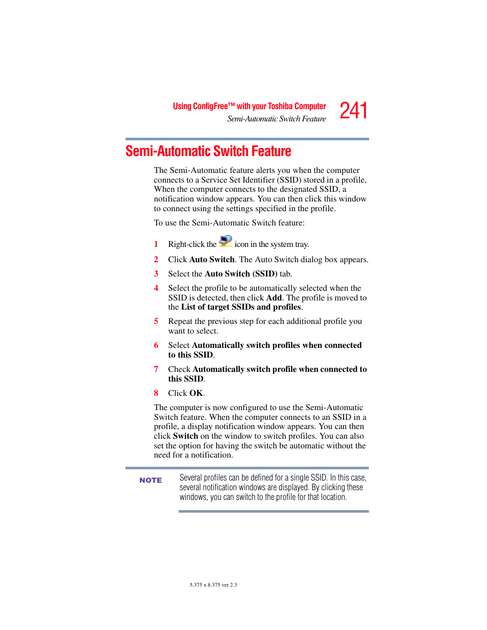 Semi-automatic switch feature | Toshiba A85 User Manual | Page 241 / 264