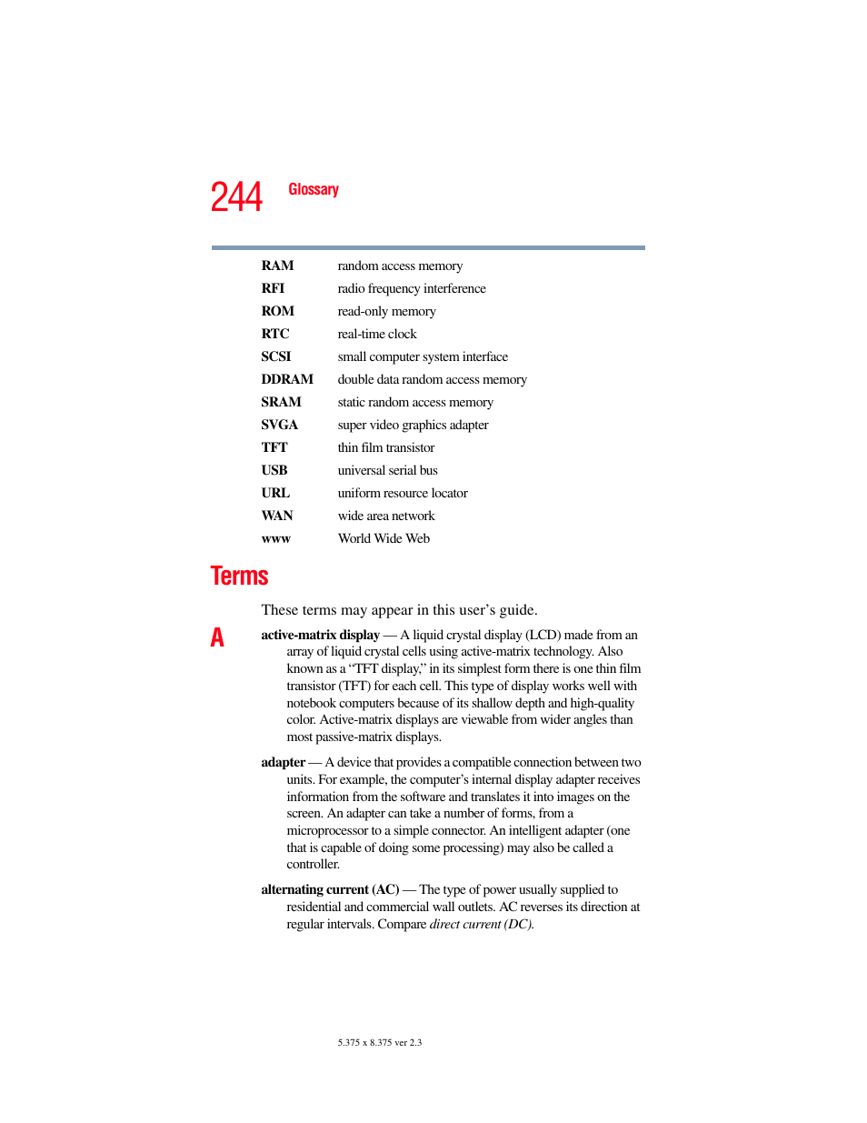 Terms | Toshiba A85 User Manual | Page 244 / 264