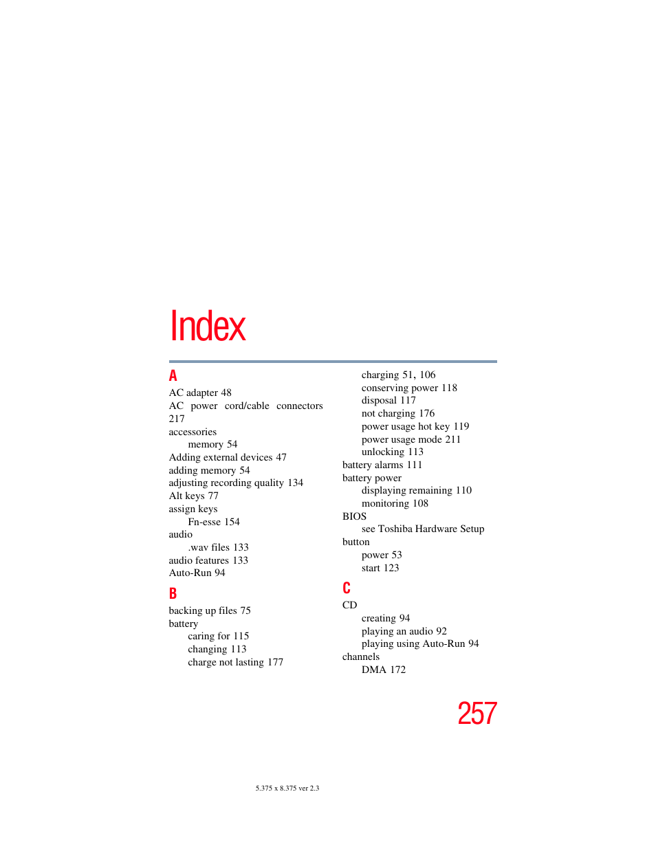 Index | Toshiba A85 User Manual | Page 257 / 264