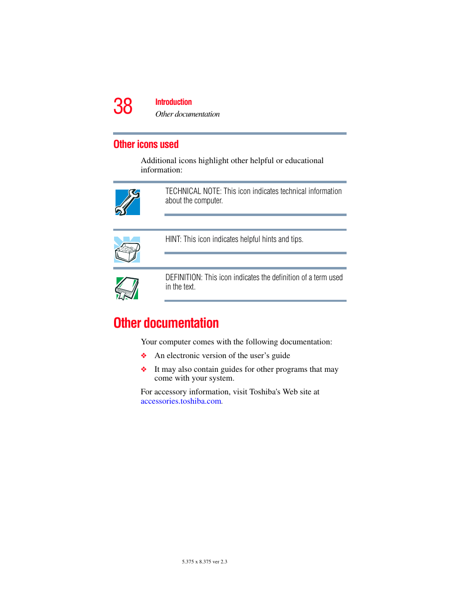 Other icons used, Other documentation | Toshiba A85 User Manual | Page 38 / 264