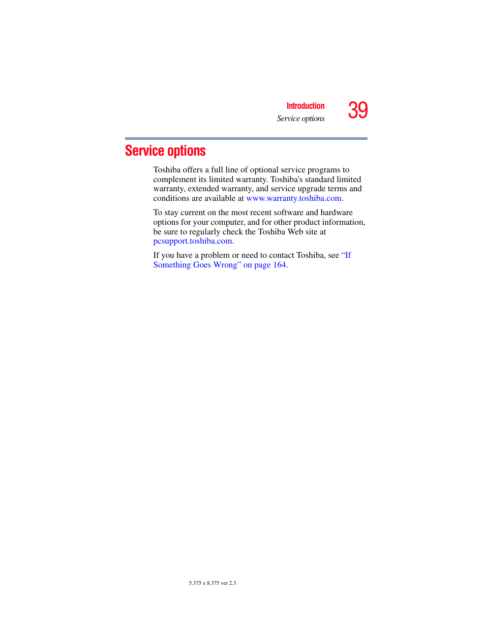 Service options | Toshiba A85 User Manual | Page 39 / 264