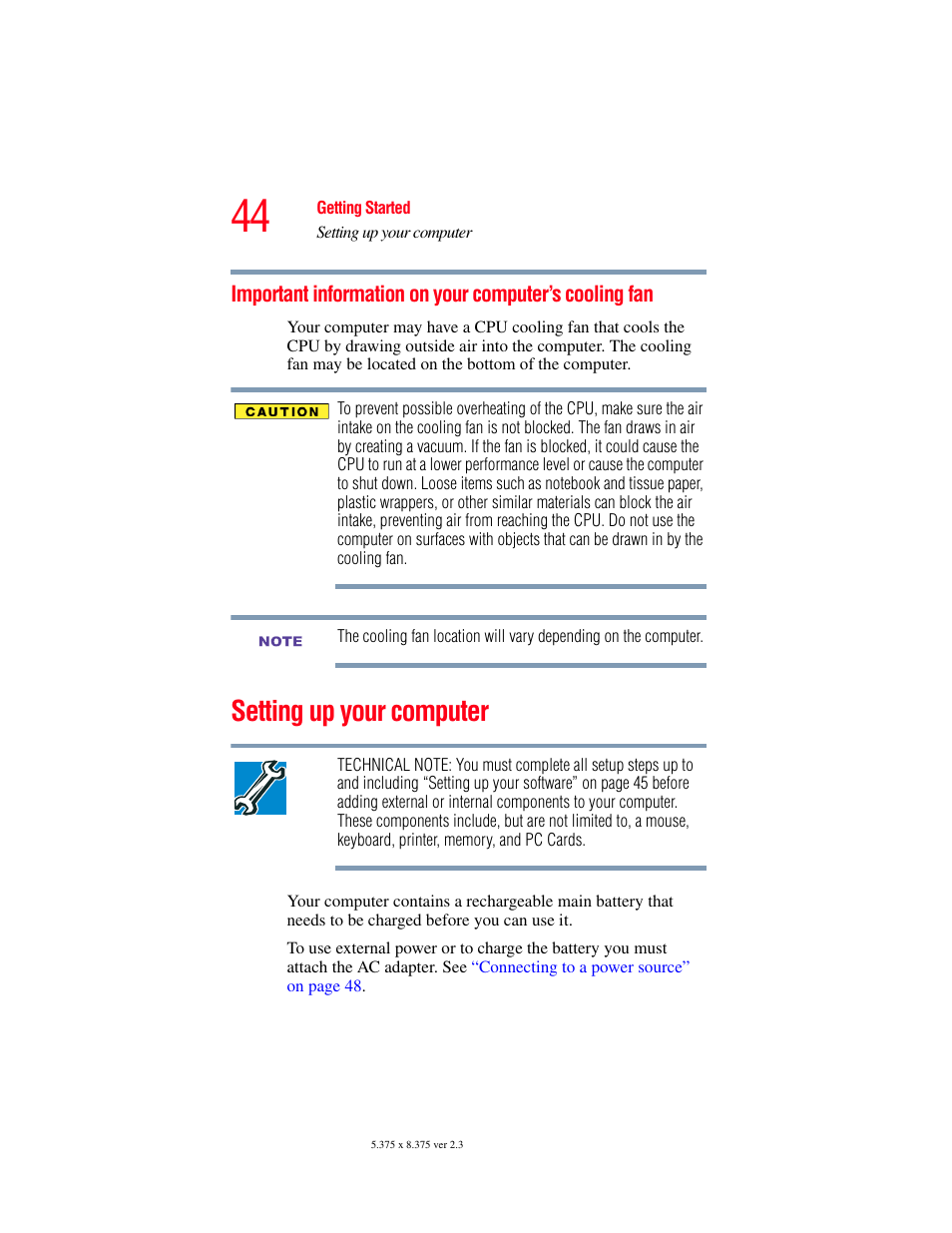 Setting up your computer, Important information on your computer’s, Cooling fan | Toshiba A85 User Manual | Page 44 / 264