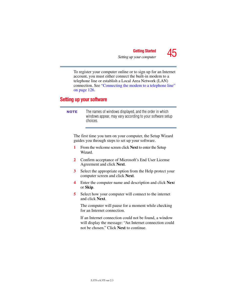 Setting up your software | Toshiba A85 User Manual | Page 45 / 264