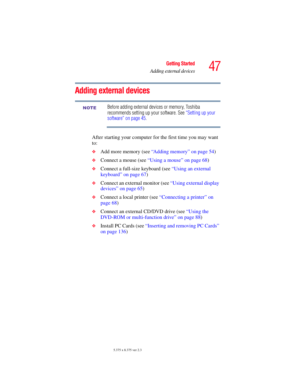 Adding external devices | Toshiba A85 User Manual | Page 47 / 264