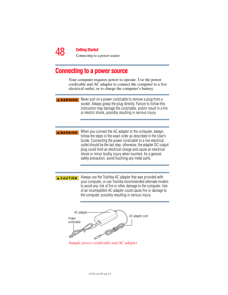 Connecting to a power source | Toshiba A85 User Manual | Page 48 / 264