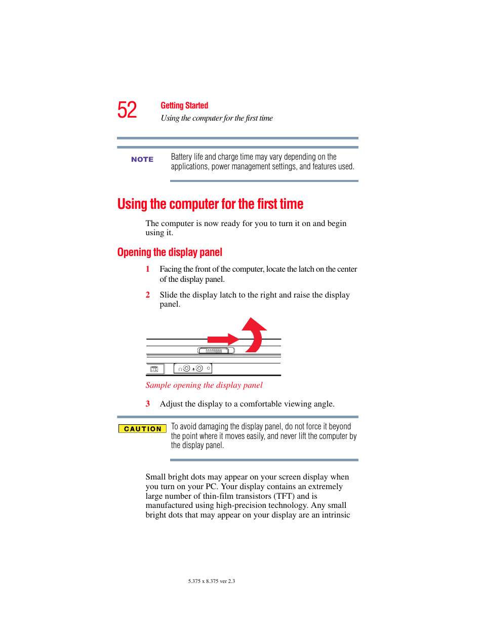 Using the computer for the first time, Opening the display panel | Toshiba A85 User Manual | Page 52 / 264