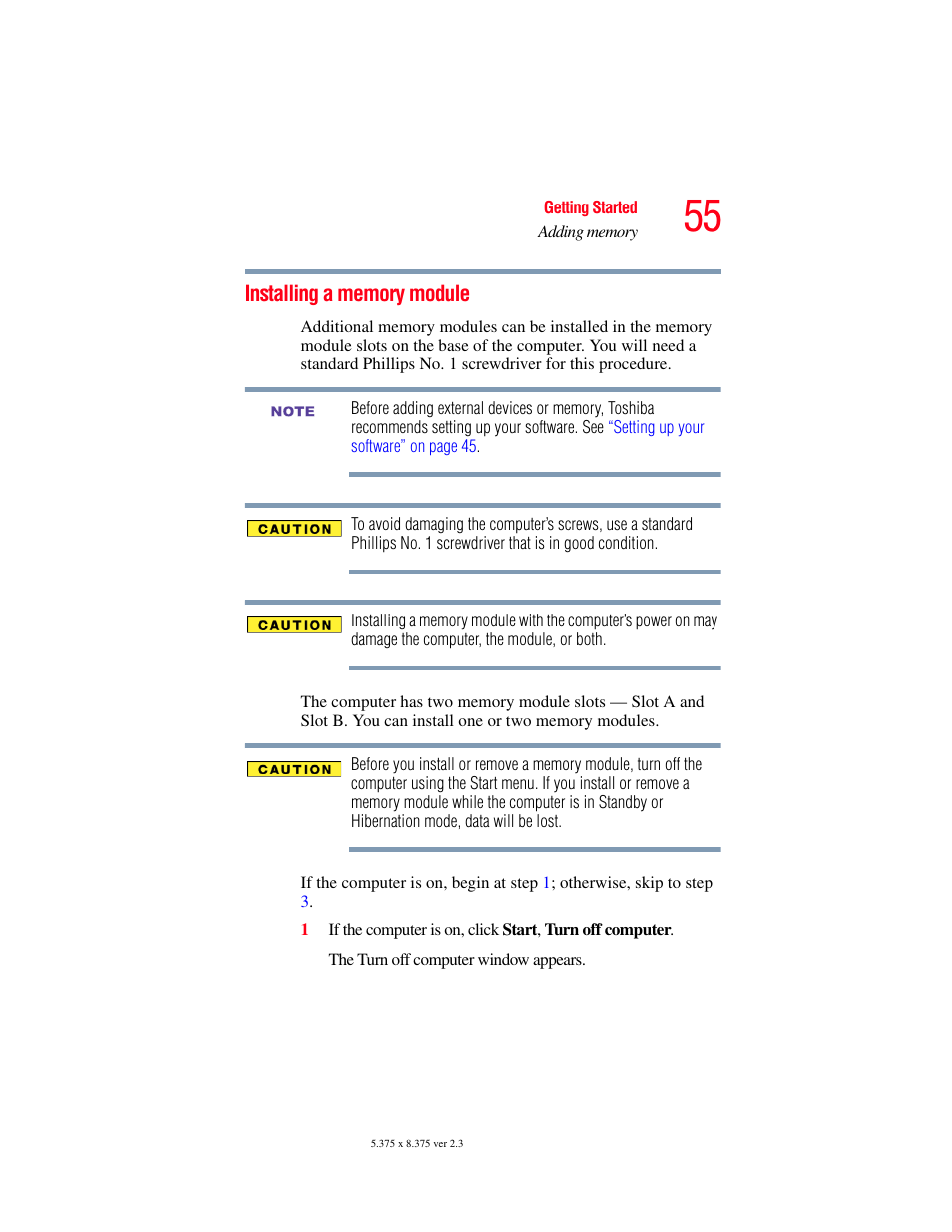 Installing a memory module | Toshiba A85 User Manual | Page 55 / 264
