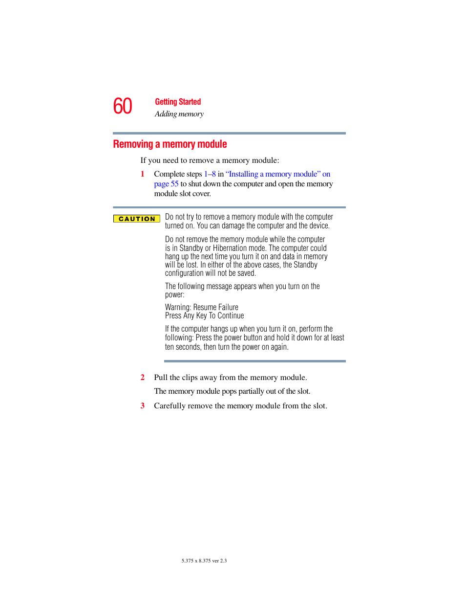 Removing a memory module | Toshiba A85 User Manual | Page 60 / 264