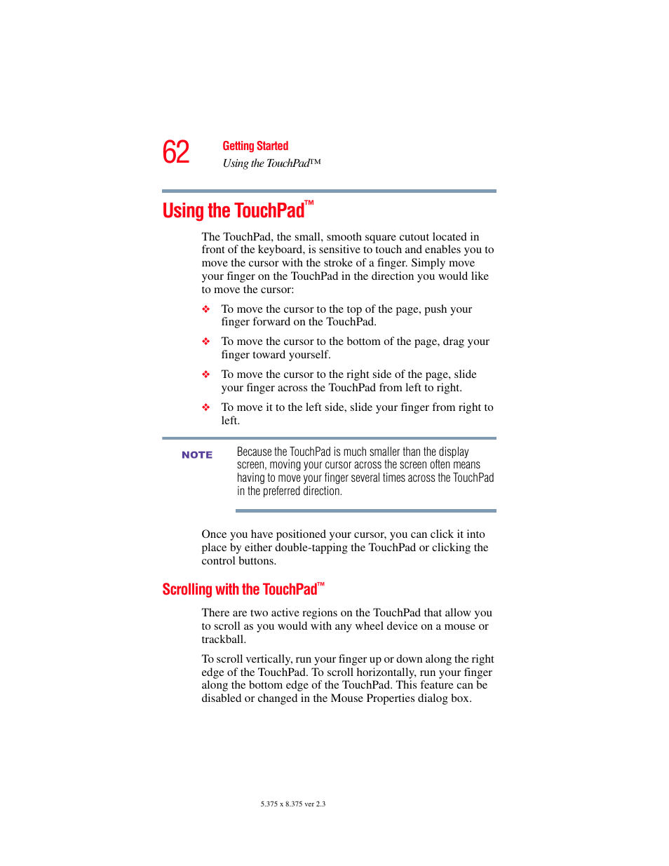 Using the touchpad, Scrolling with the touchpad | Toshiba A85 User Manual | Page 62 / 264