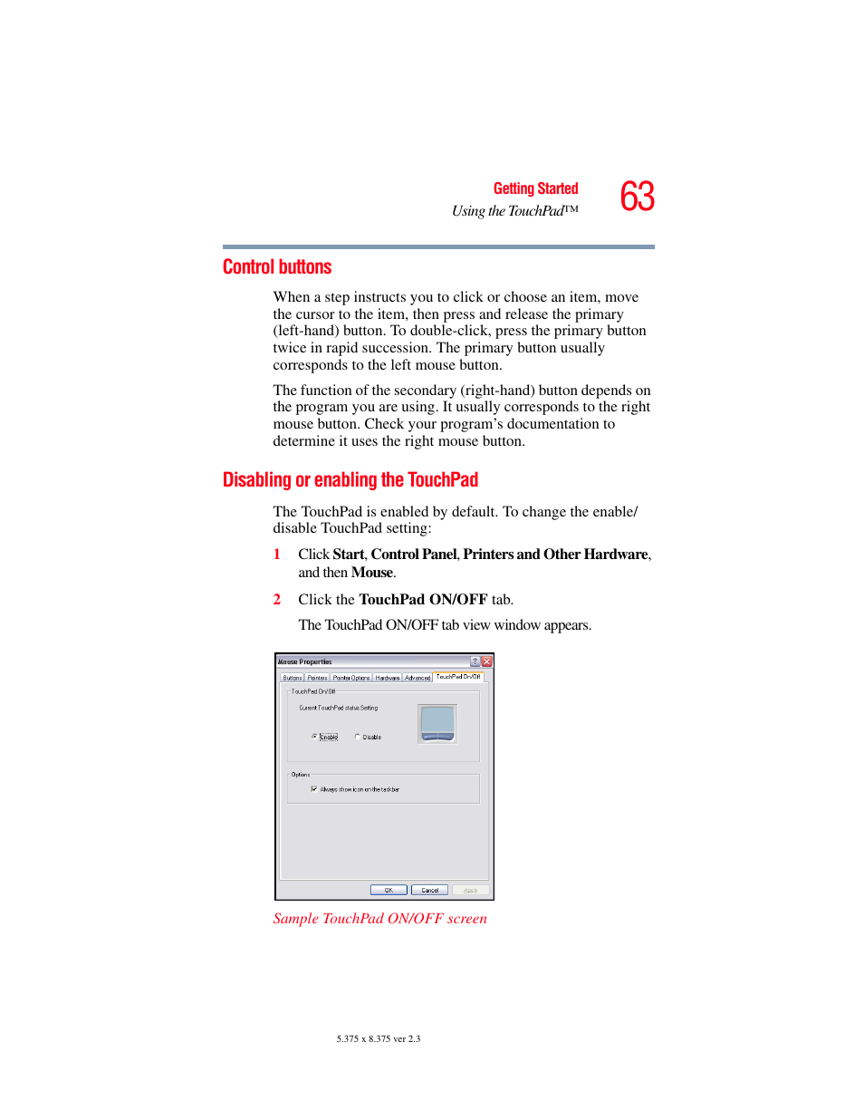Control buttons, Disabling or enabling the touchpad, Control buttons disabling or enabling the touchpad | Toshiba A85 User Manual | Page 63 / 264