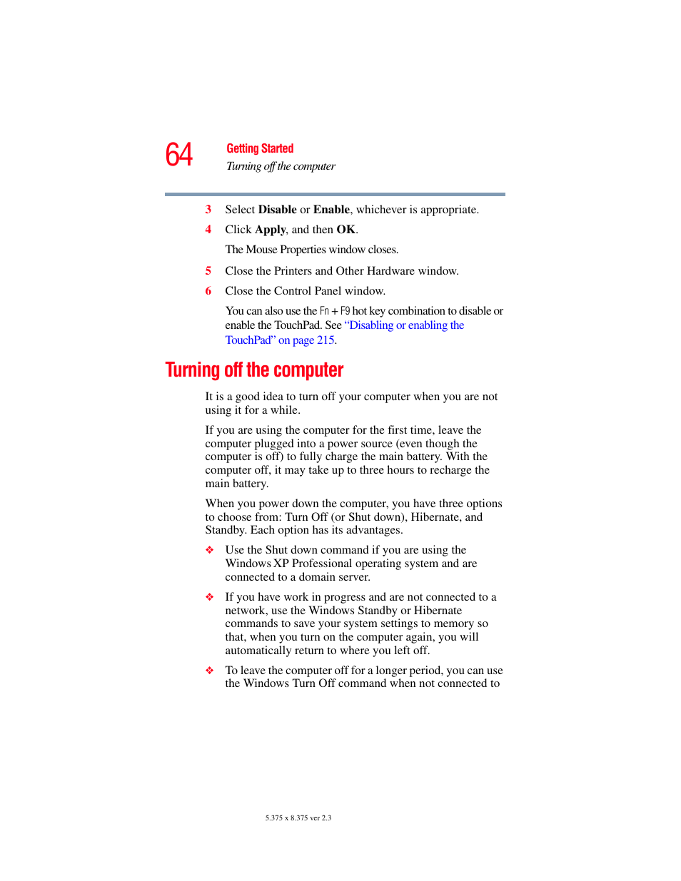 Turning off the computer | Toshiba A85 User Manual | Page 64 / 264