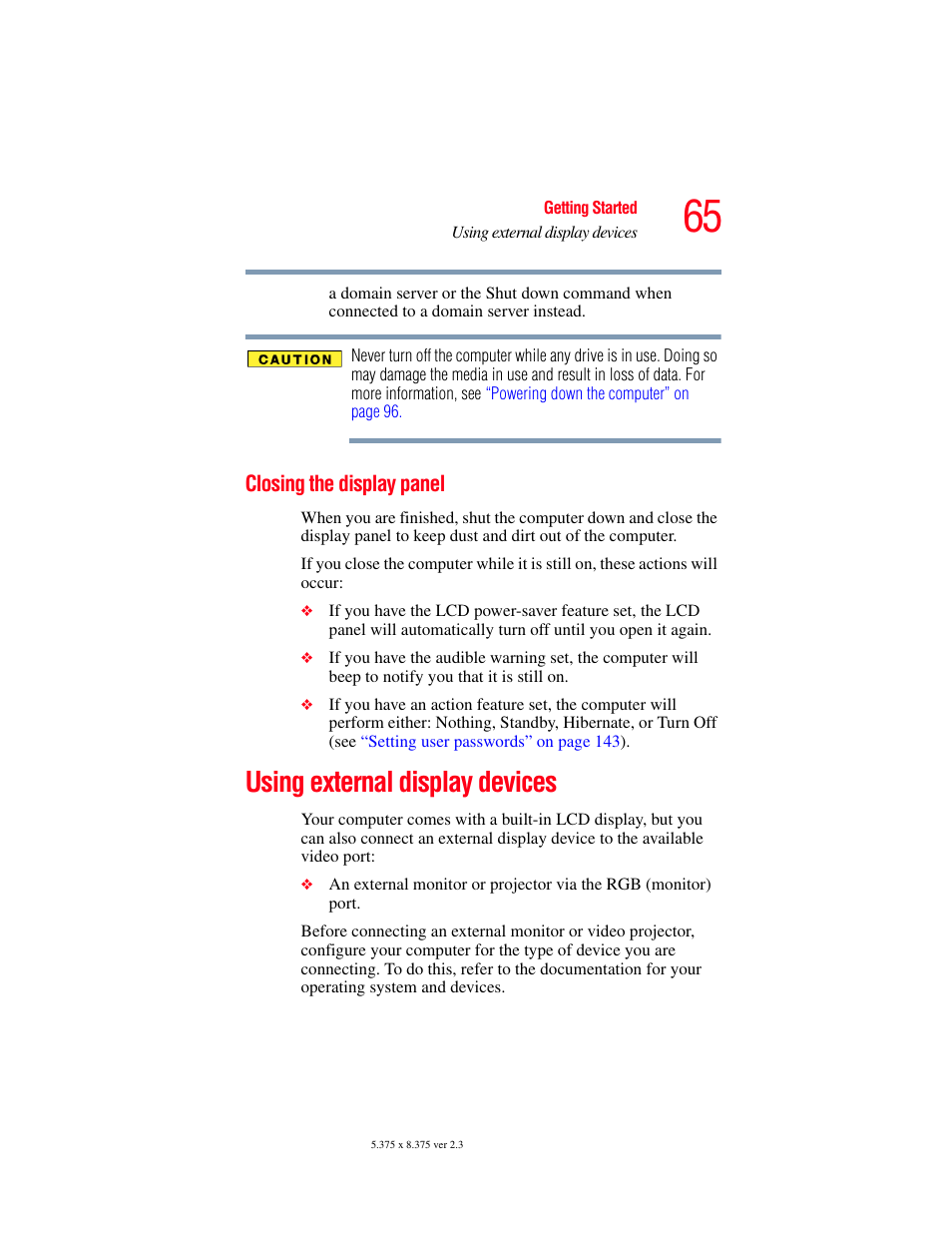 Closing the display panel, Using external display devices, Using external display | Toshiba A85 User Manual | Page 65 / 264