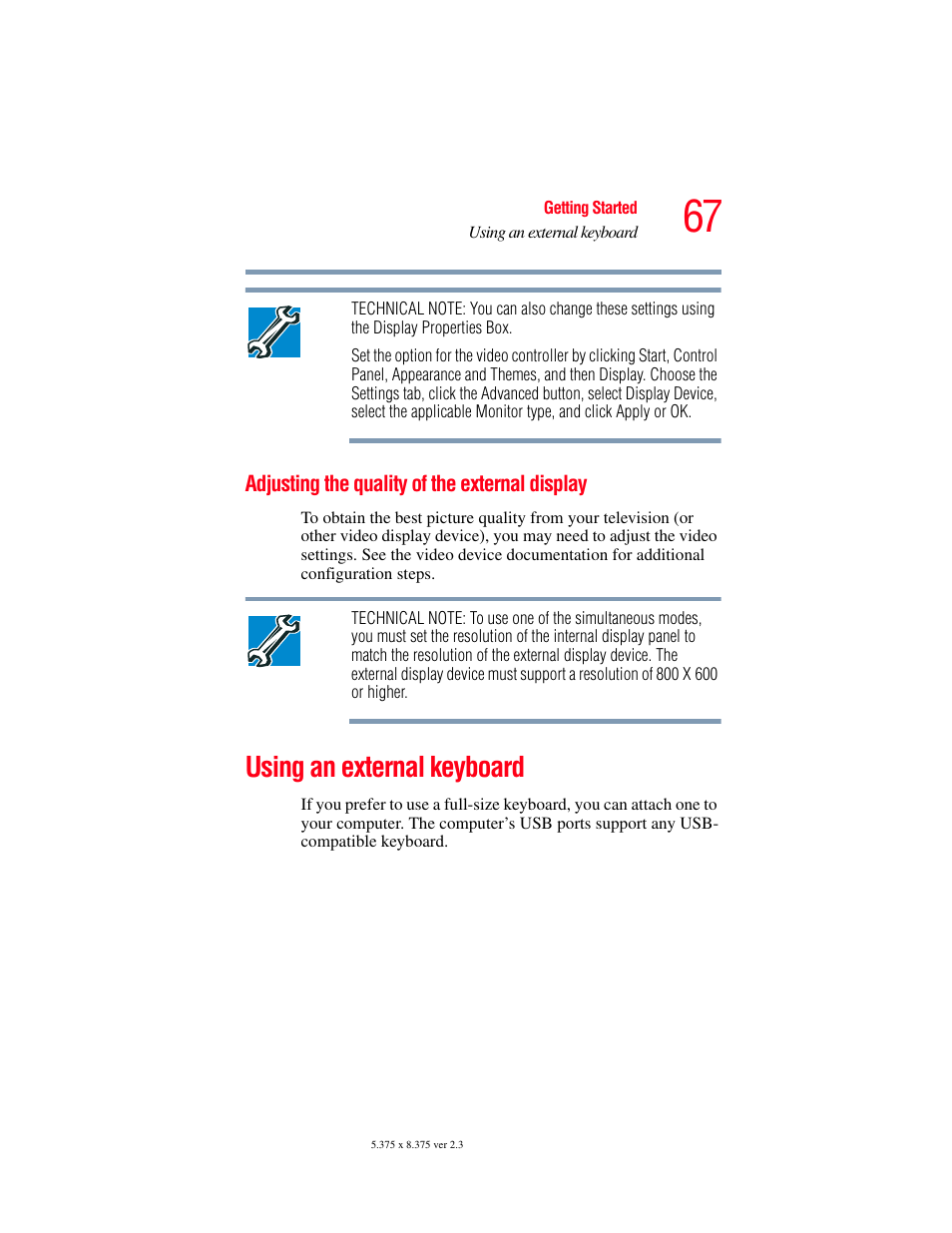 Adjusting the quality of the external display, Using an external keyboard, Using an external | Toshiba A85 User Manual | Page 67 / 264