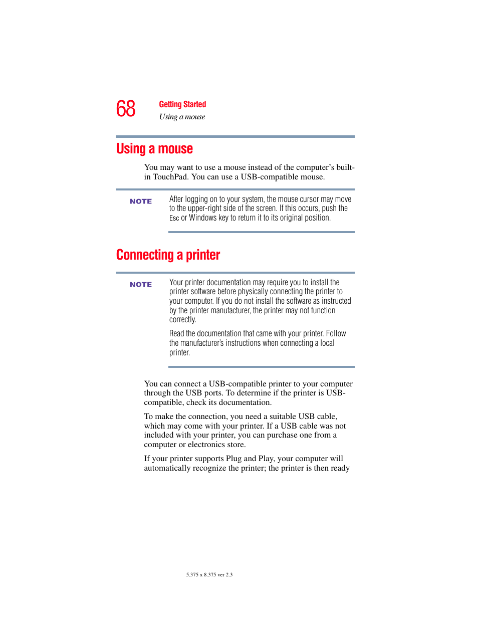 Using a mouse, Connecting a printer, Using a mouse connecting a printer | Connect a local printer (see, Connecting a printer” on | Toshiba A85 User Manual | Page 68 / 264