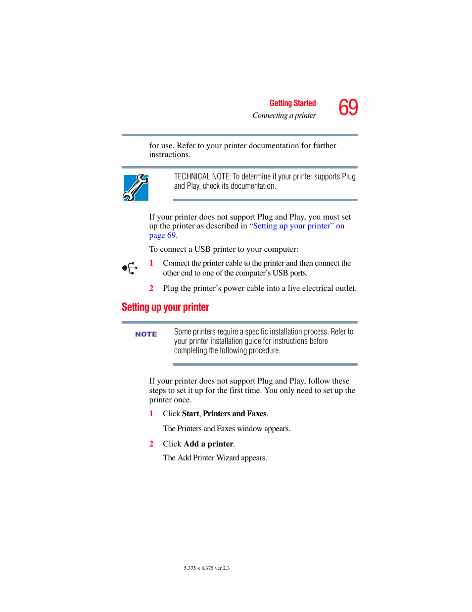 Setting up your printer | Toshiba A85 User Manual | Page 69 / 264