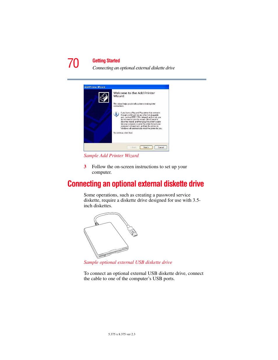 Connecting an optional external diskette drive | Toshiba A85 User Manual | Page 70 / 264