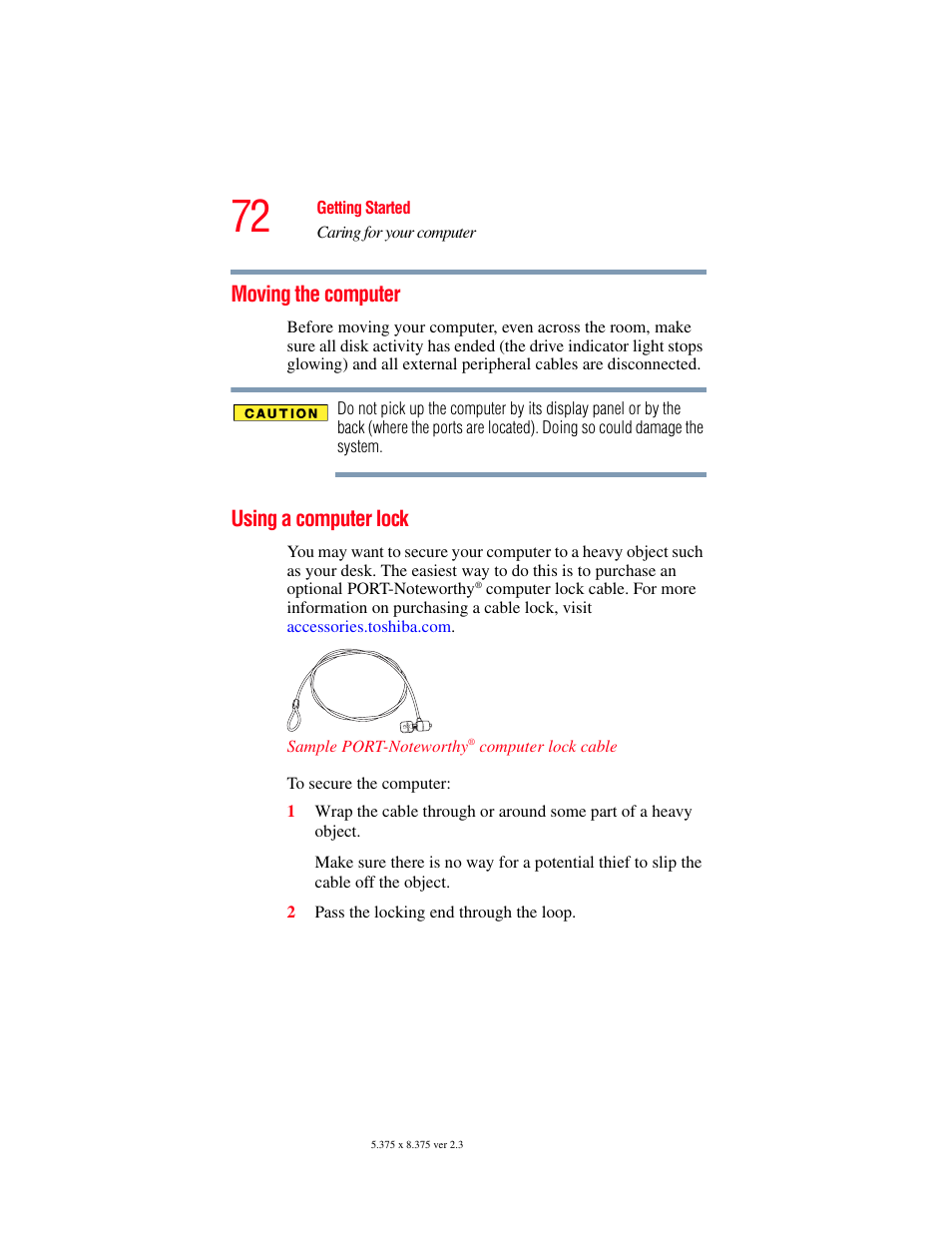 Moving the computer, Using a computer lock, Moving the computer using a computer lock | Toshiba A85 User Manual | Page 72 / 264