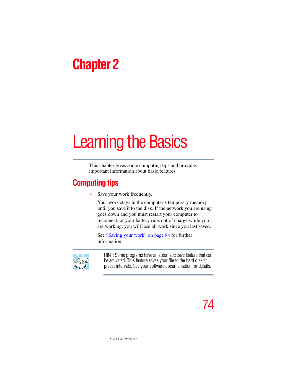 Chapter 2: learning the basics, Computing tips, Learning the basics | Chapter 2 | Toshiba A85 User Manual | Page 74 / 264