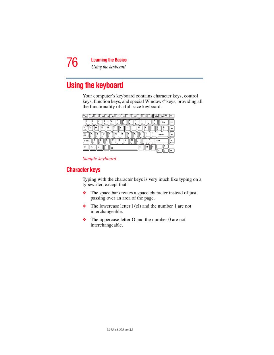 Using the keyboard, Character keys, Learning the basics using the keyboard | Toshiba A85 User Manual | Page 76 / 264